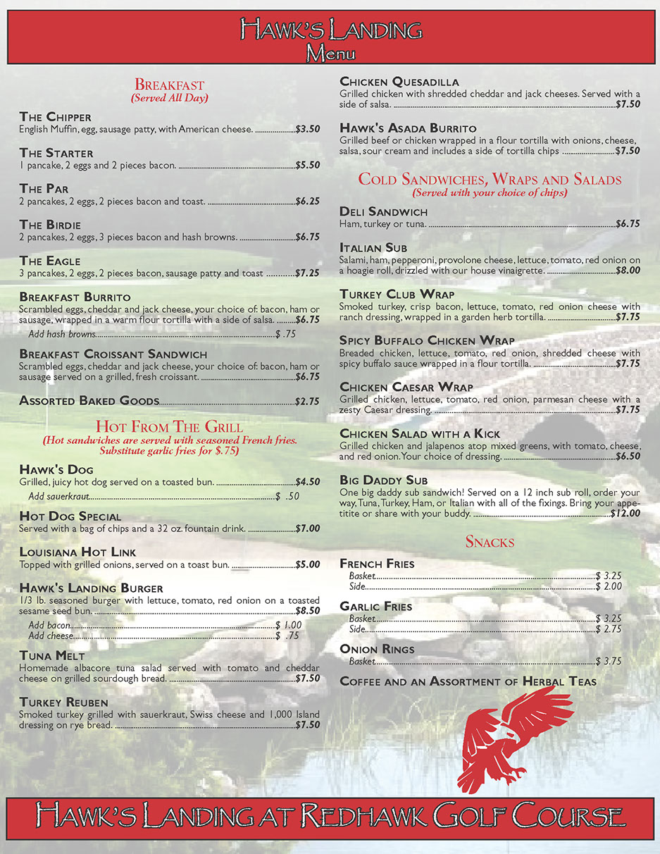 Hawk S Landing Menu Redhawk Golf Course